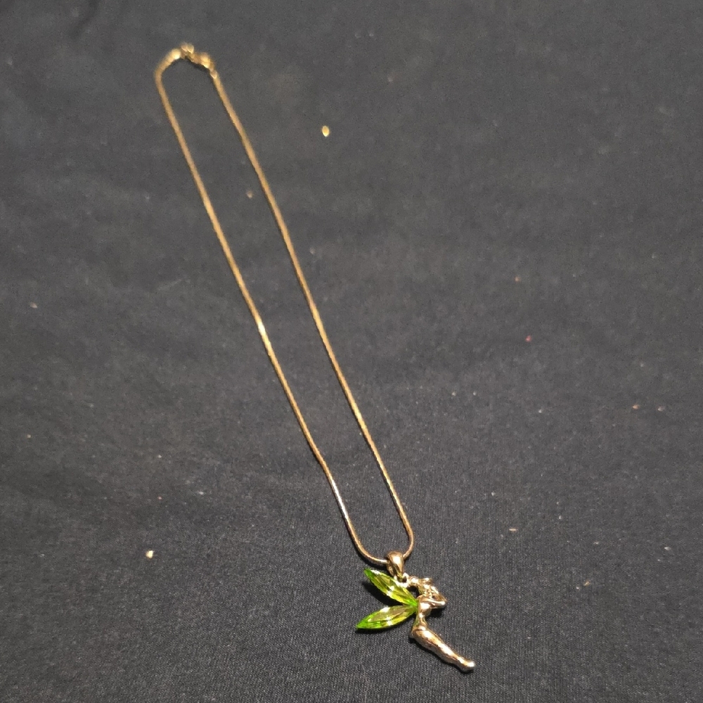 Elegant Silver Necklace with Green Stone Fairy Pendant